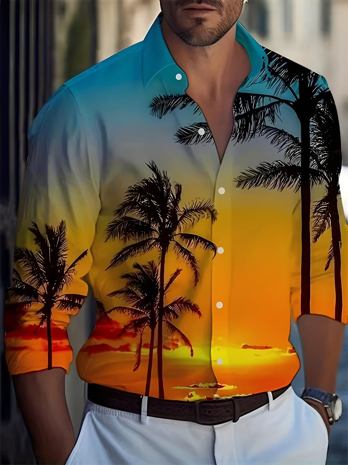 Men's Long Sleeve Shirt with Button Placket and Graphic Print