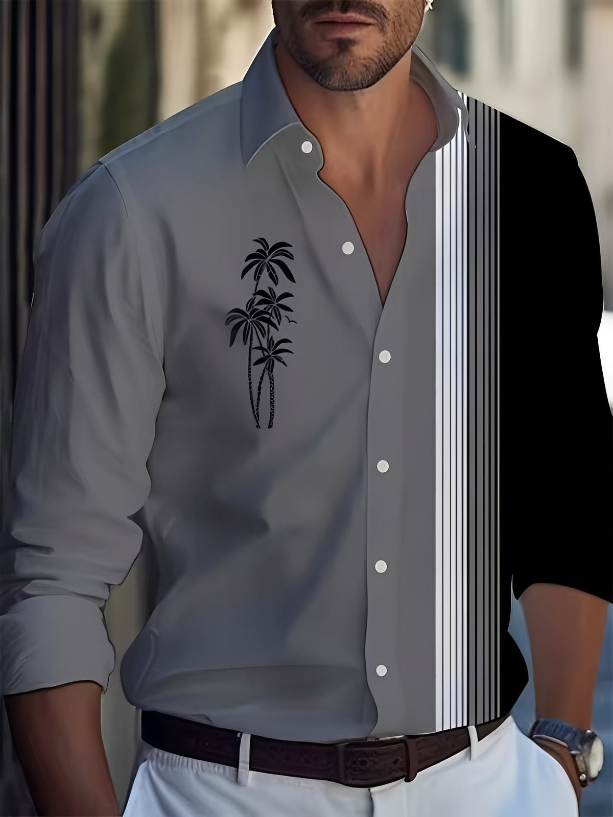 Men's Long Sleeve Shirt with Button Placket and Graphic Print