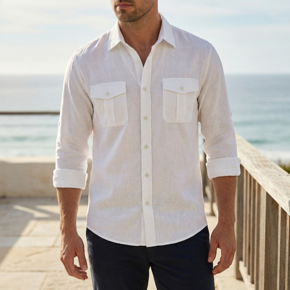 Men's Long Sleeve Shirt with Button-Up Front and Dual Chest Pockets