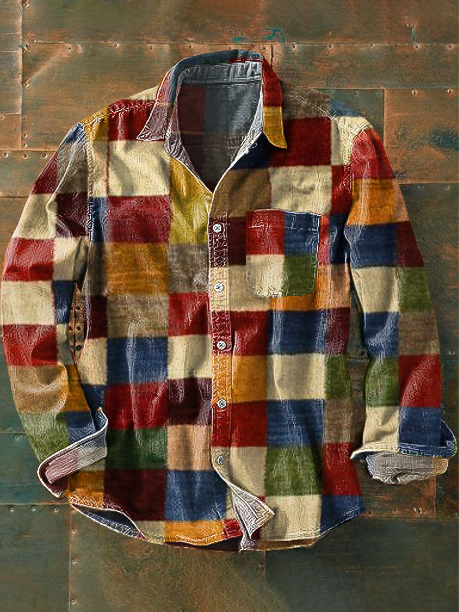 Men's Long Sleeve Shirt with Colorblock Patchwork Check Print and Chest Pocket