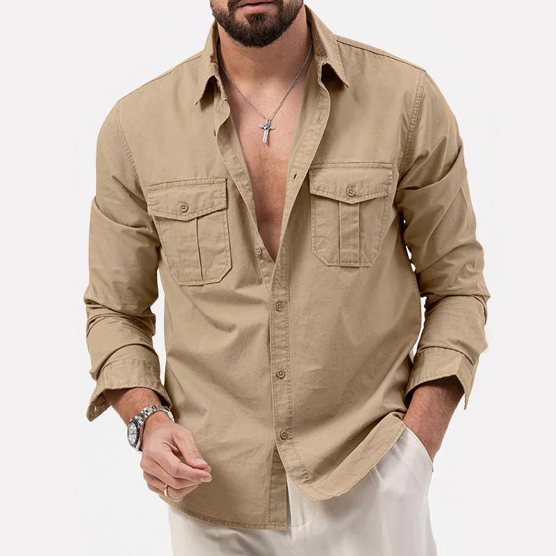 Men's Long Sleeve Shirt with Double Chest Pockets and Button Closure