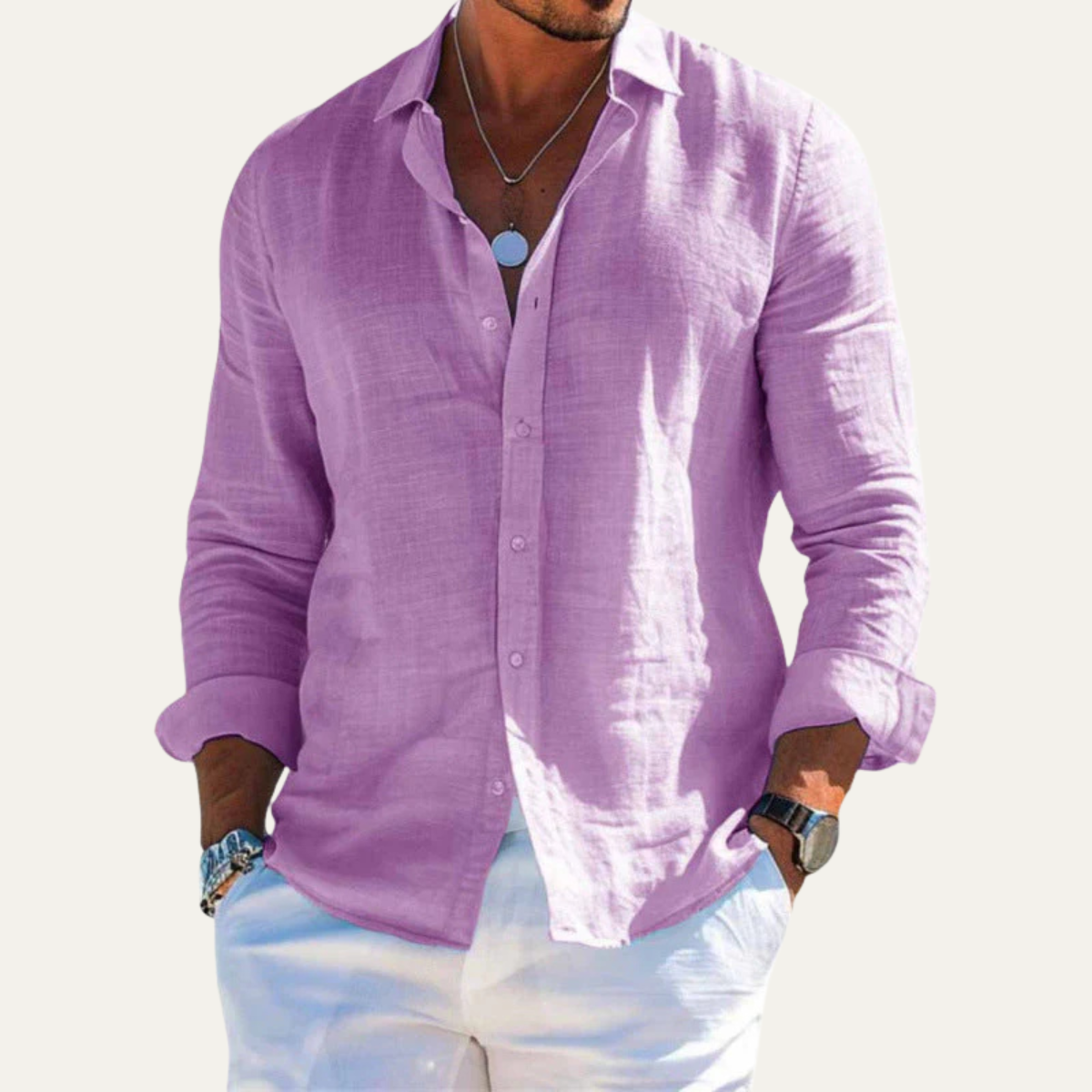 Men's Long Sleeve Shirt with Lapel Collar and Button Closure