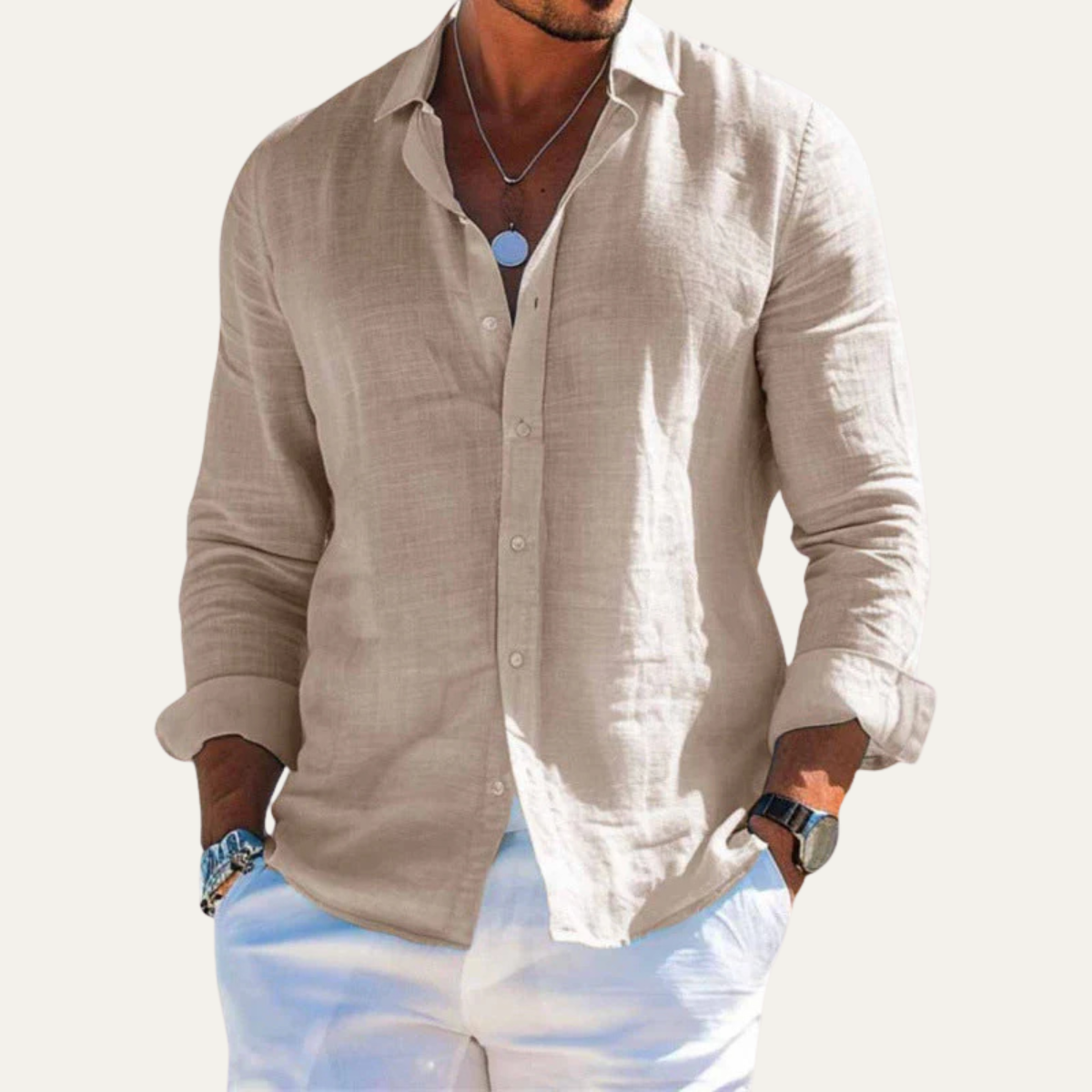 Men's Long Sleeve Shirt with Lapel Collar and Button Closure
