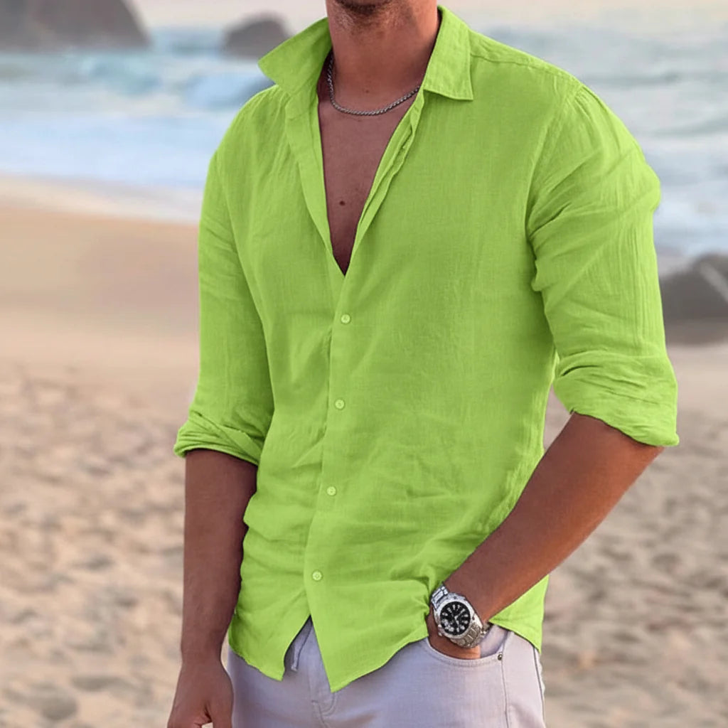 Men's Long Sleeve Shirt with Open Collar and Button Front