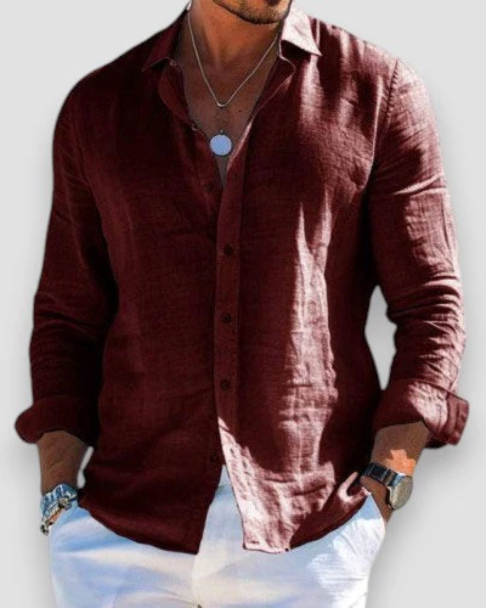 Men's Long Sleeve Shirt with Spread Collar and Curved Shirttail Hem