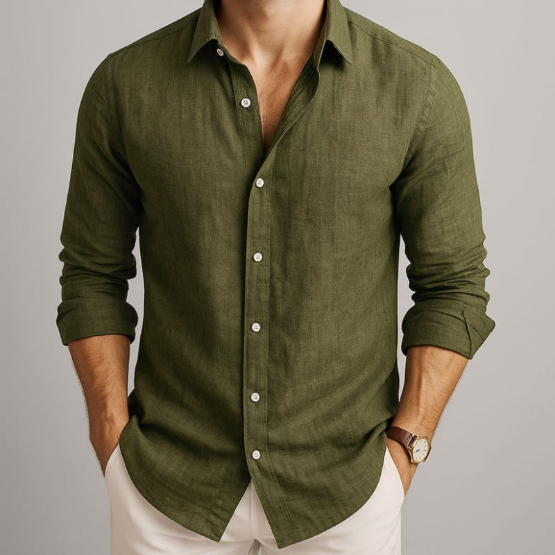 Men's Long Sleeve Shirt with Spread Collar and Button Closure