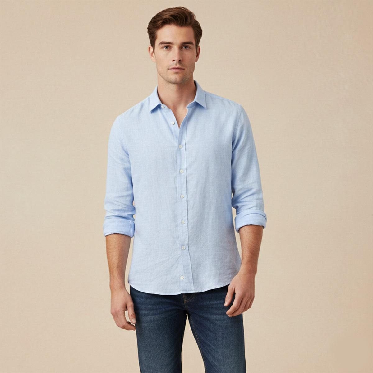 Men's Long Sleeve Shirt with Spread Collar and Button-Up Closure