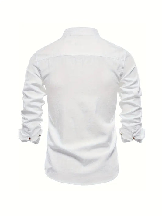 Men's Long Sleeve Shirt with Stand Collar and Button Closure