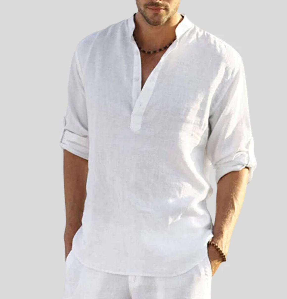 Men's Long Sleeve Shirt with Stand Collar and Button Placket