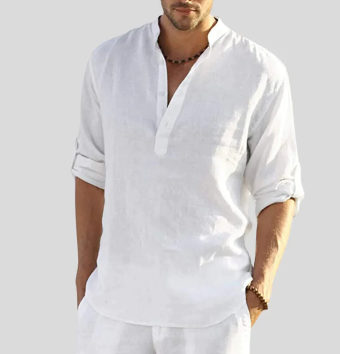 Men's Long Sleeve Shirt with Stand Collar and Button Placket