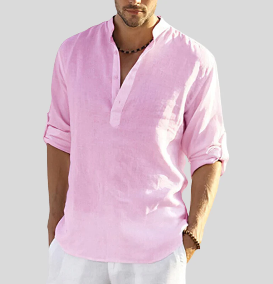 Men's Long Sleeve Shirt with Stand Collar and Button Placket