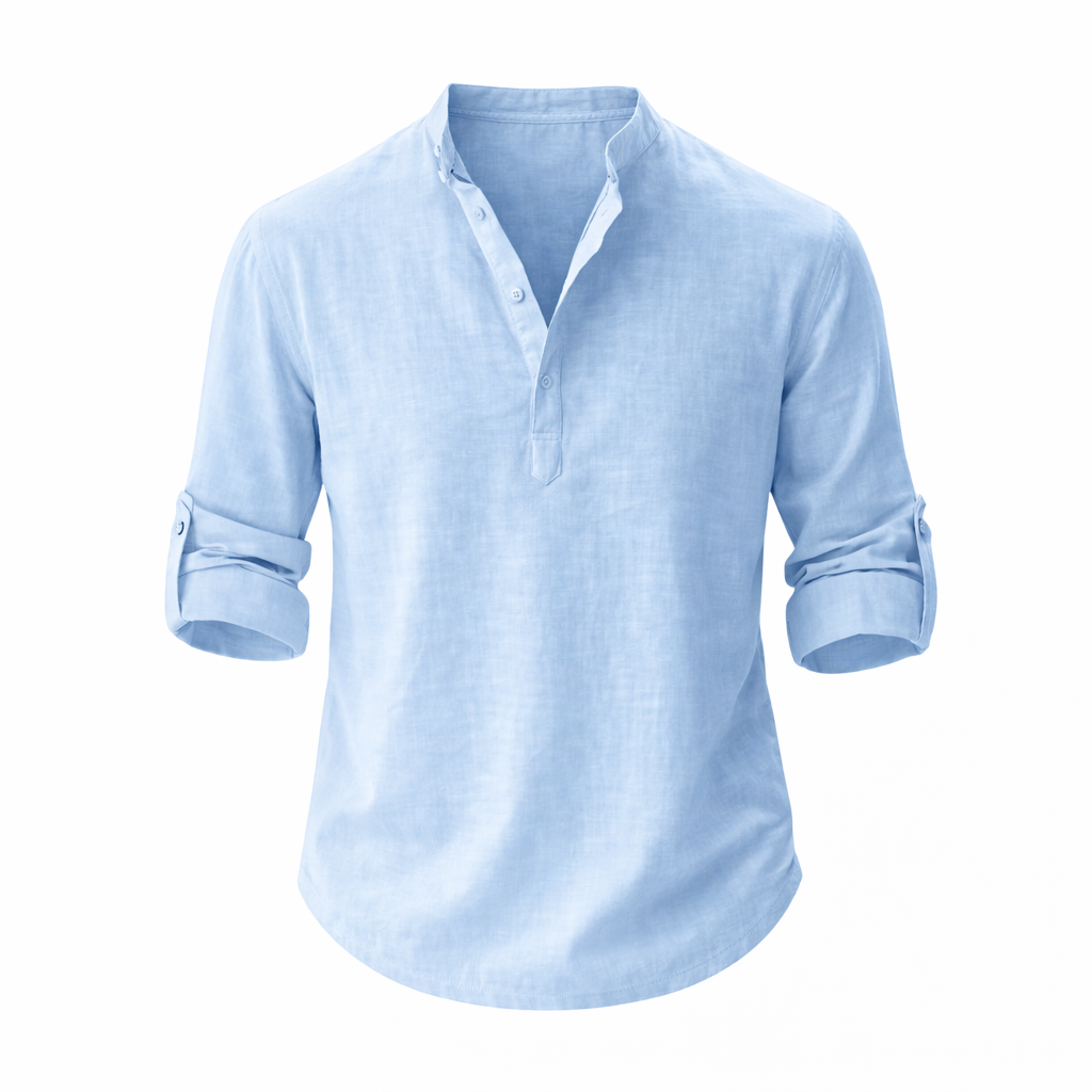 Men's Long Sleeve Shirt with Stand Collar and Roll-Up Sleeves
