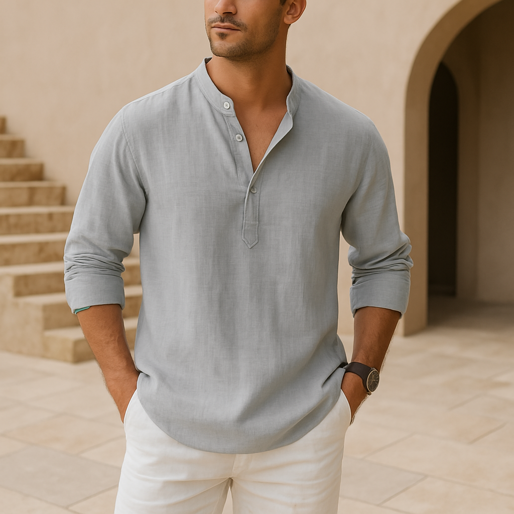 Men's Long Sleeve Shirt with V-Neck and Button Placket, Relaxed Fit