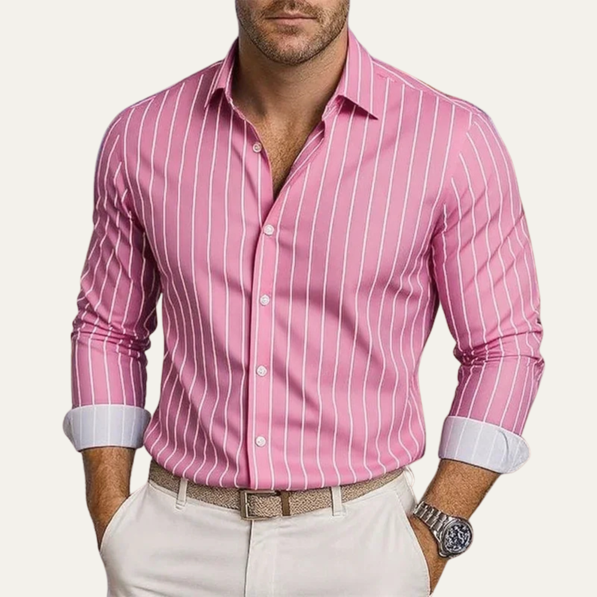 Men's Long Sleeve Striped Dress Shirt with Button Closure and Spread Collar
