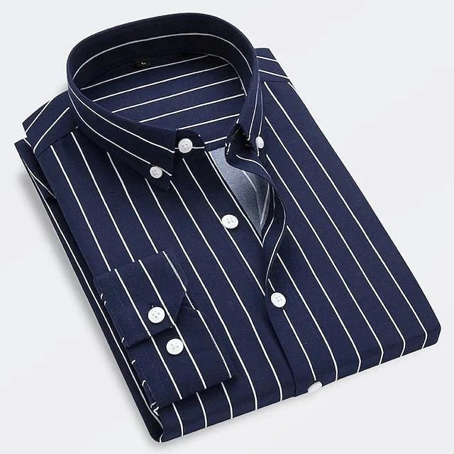 Men's Long Sleeve Striped Shirt with Button-Down Collar