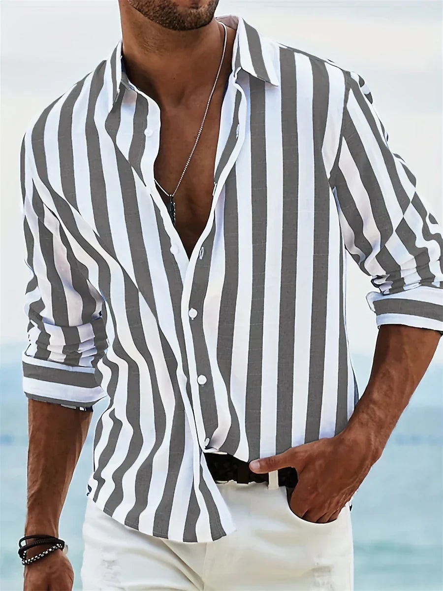 Men's Long Sleeve Striped Shirt with Open Collar and Regular Fit