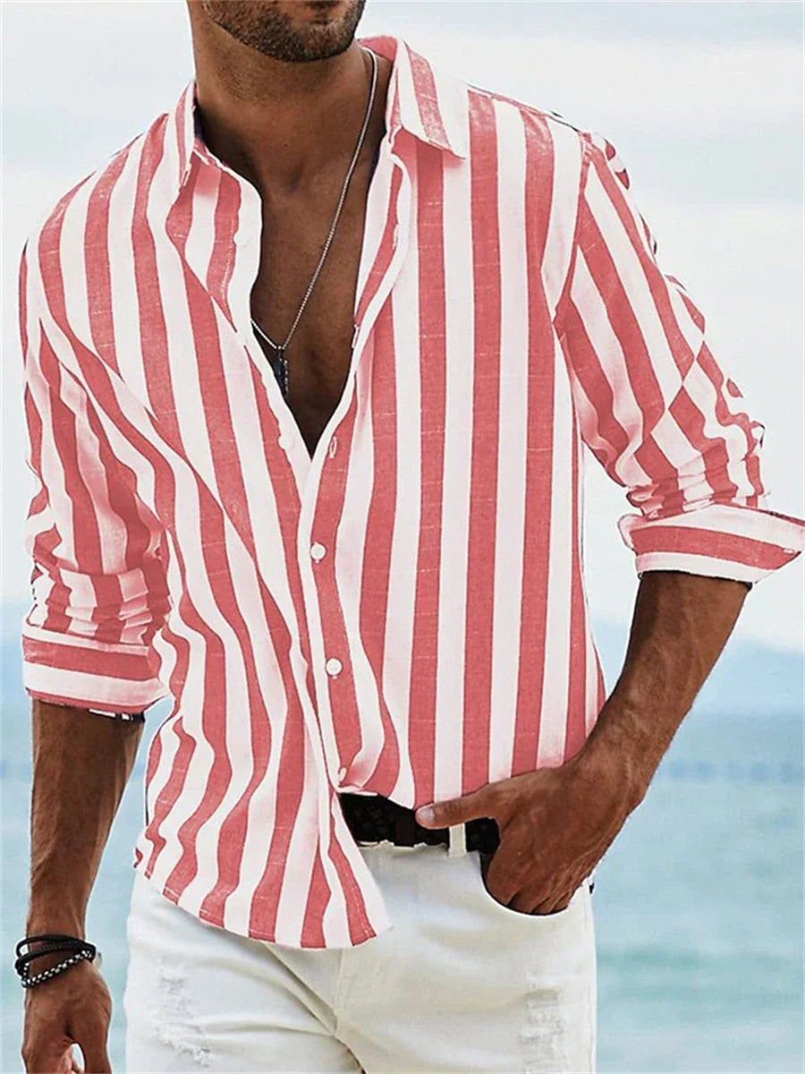 Men's Long Sleeve Striped Shirt with Open Collar and Regular Fit