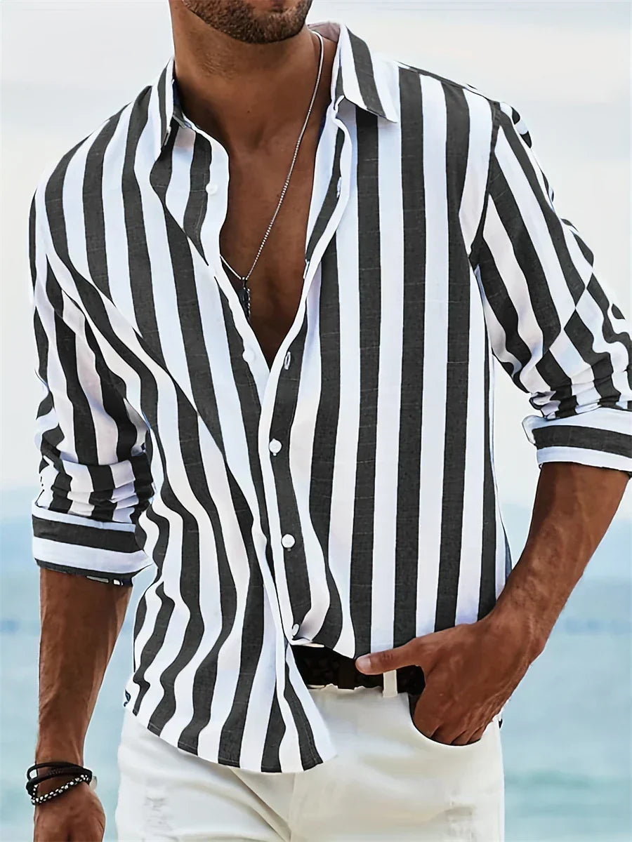 Men's Long Sleeve Striped Shirt with Open Collar and Regular Fit