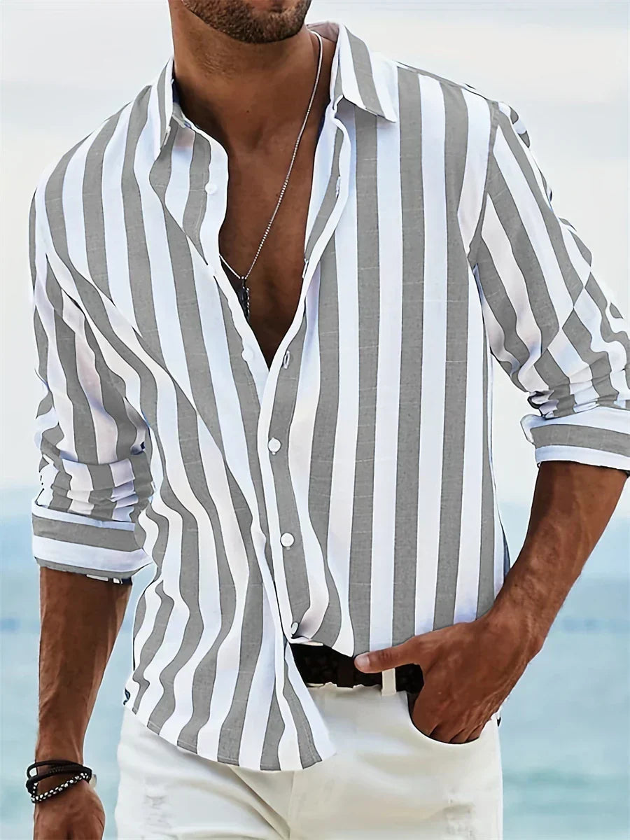Men's Long Sleeve Striped Shirt with Open Collar and Regular Fit