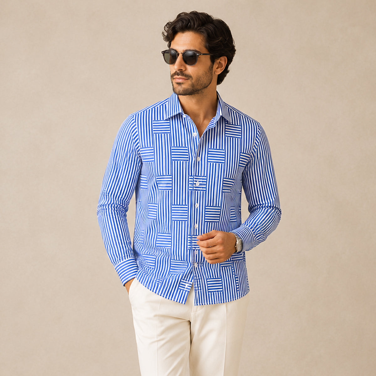 Men's Long Sleeve Striped Shirt with Spread Collar and Button-Up Front