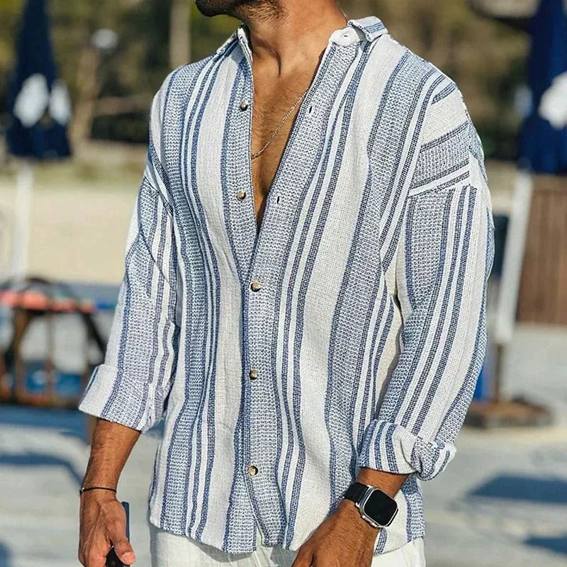 Men's Long Sleeve Striped Shirt with Stand Collar and Button Front