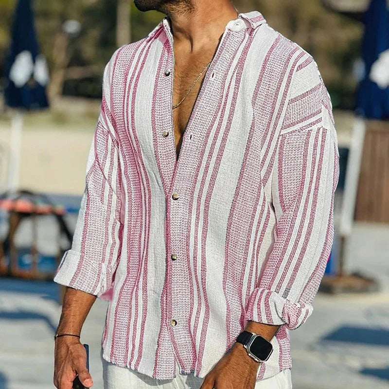 Men's Long Sleeve Striped Shirt with Stand Collar and Button Front