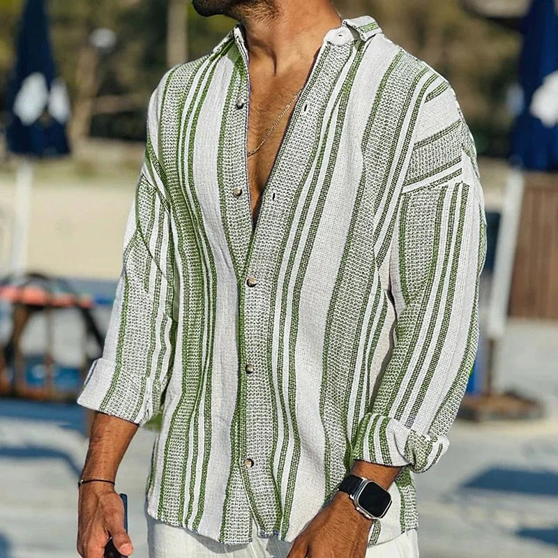 Men's Long Sleeve Striped Shirt with Stand Collar and Button Front