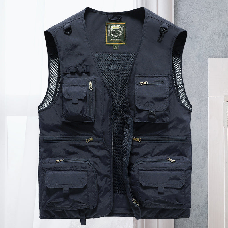 Men's Multi-Pocket Outdoor Vest with V-Neck and Mesh Back