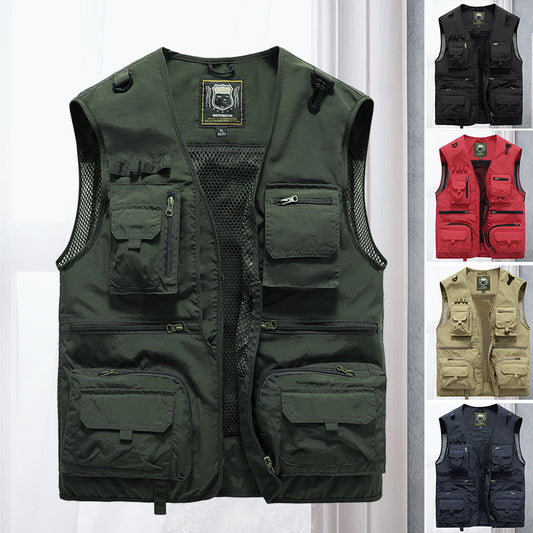 Men's Multi-Pocket Outdoor Vest with V-Neck and Mesh Back
