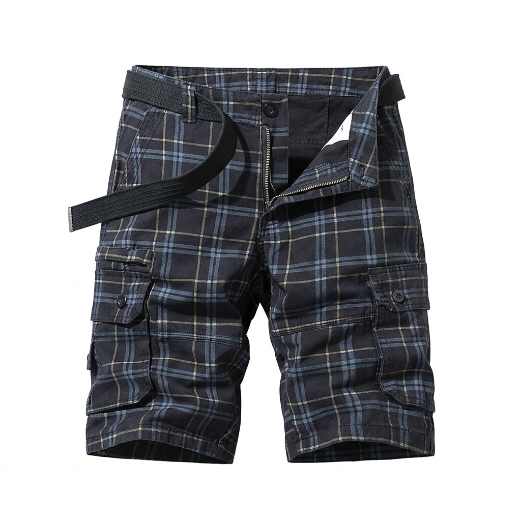 Men's Plaid Cargo Shorts with Side Pockets and Leg Pockets