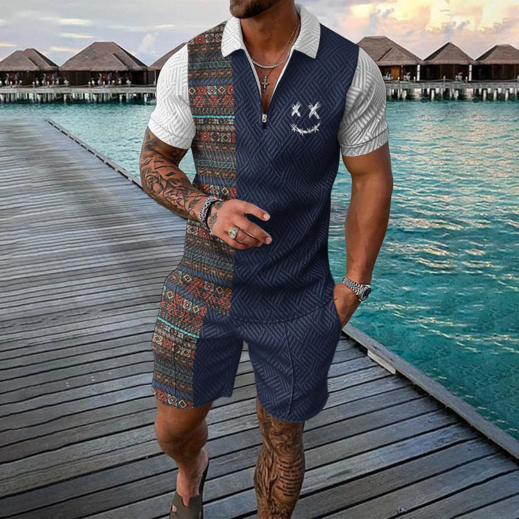 Men's Polo Shirt and Shorts Set with Colorblock Ethnic Print and Zip Collar