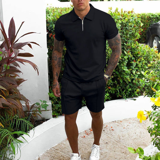 Men's Polo Shirt and Shorts Set with Short Sleeves and Zip Collar