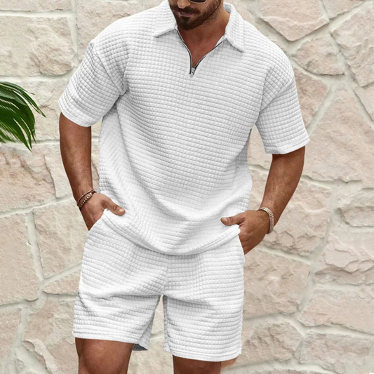Men's Polo Shirt and Shorts Set with Short Sleeves and Zip Collar