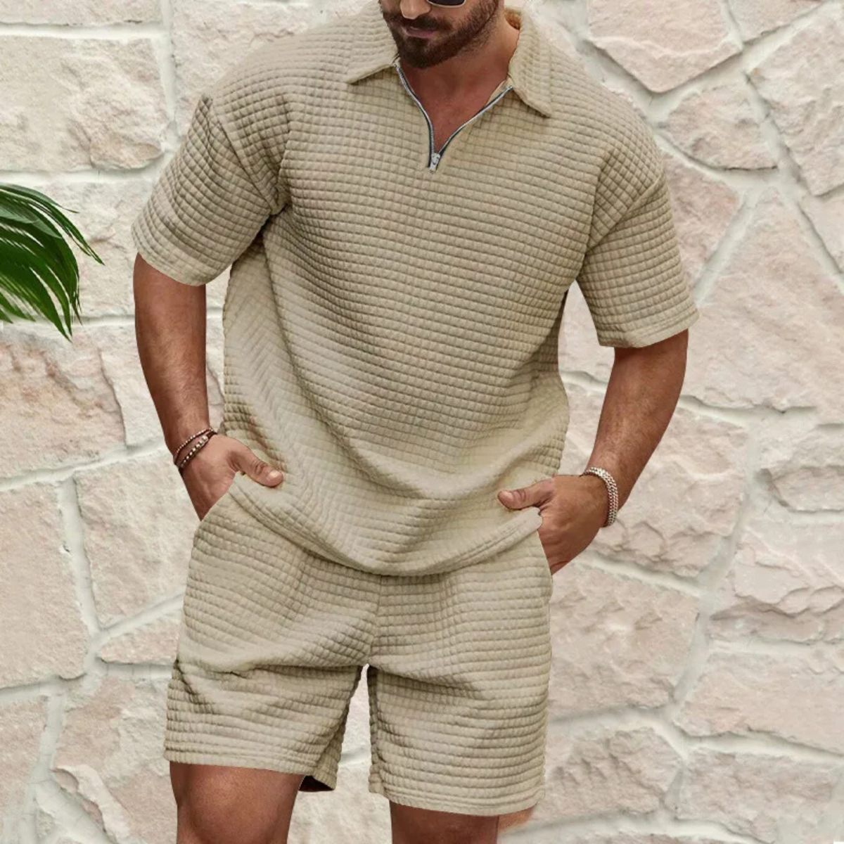 Men's Polo Shirt and Shorts Set with Short Sleeves and Zip Collar