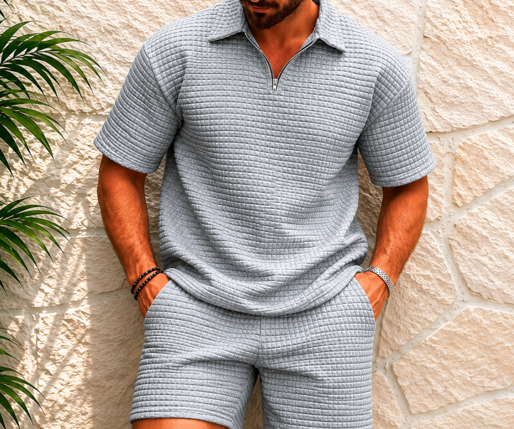 Men's Waffle-Knit Polo Shirt and Shorts Set with Short Sleeves and Zip Collar