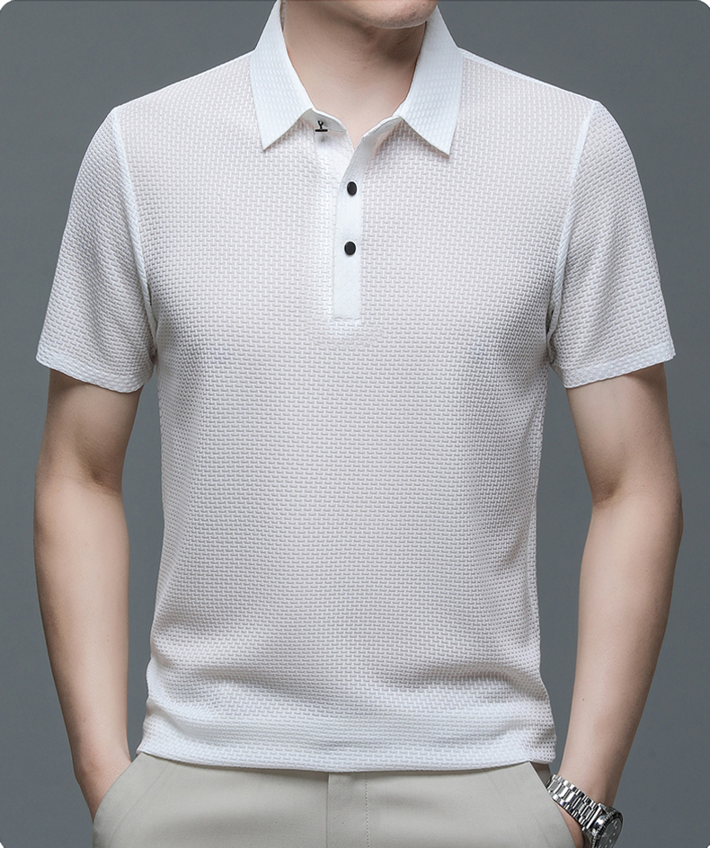 Men's Polo Shirt Short Sleeve with Textured Weave Pattern and Button Collar