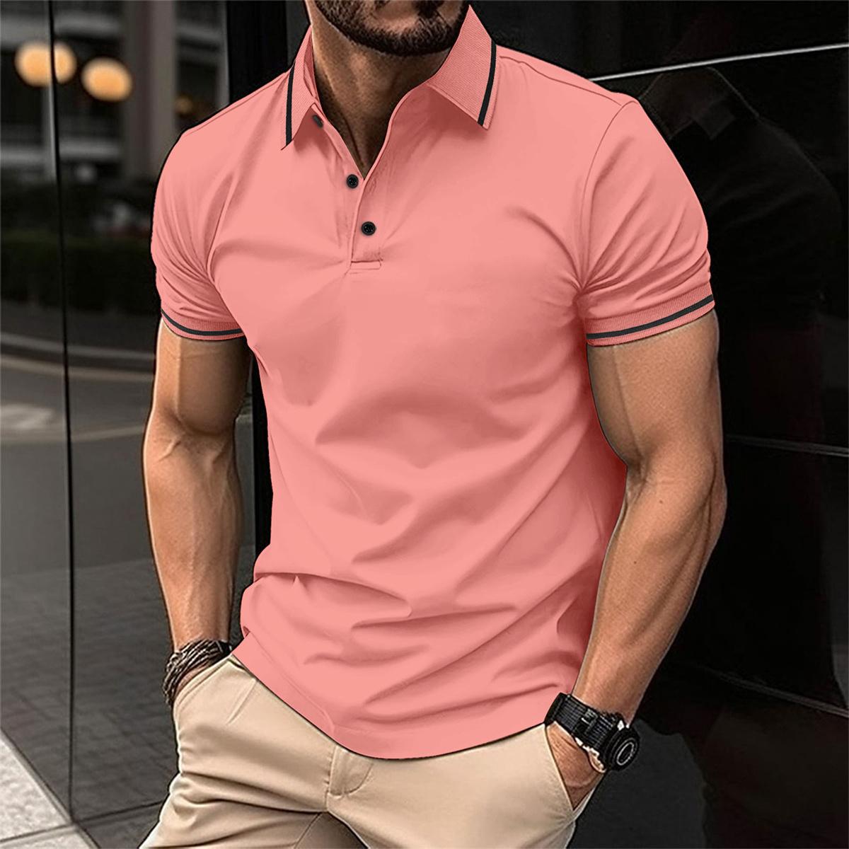 Men's Polo Shirt with Short Sleeves and Contrast Stripe Collar