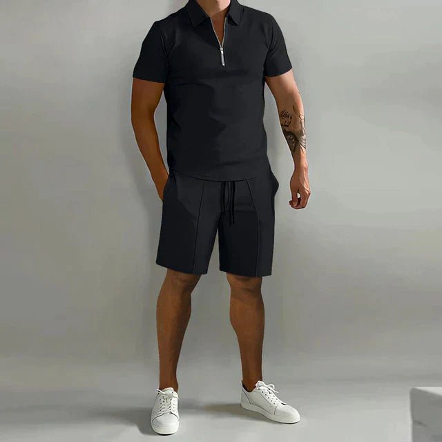 Men's Polo Short Set with Zip Collar and Shorts