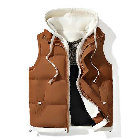 Men's Puffer Vest Sleeveless with Hood and Zip Closure