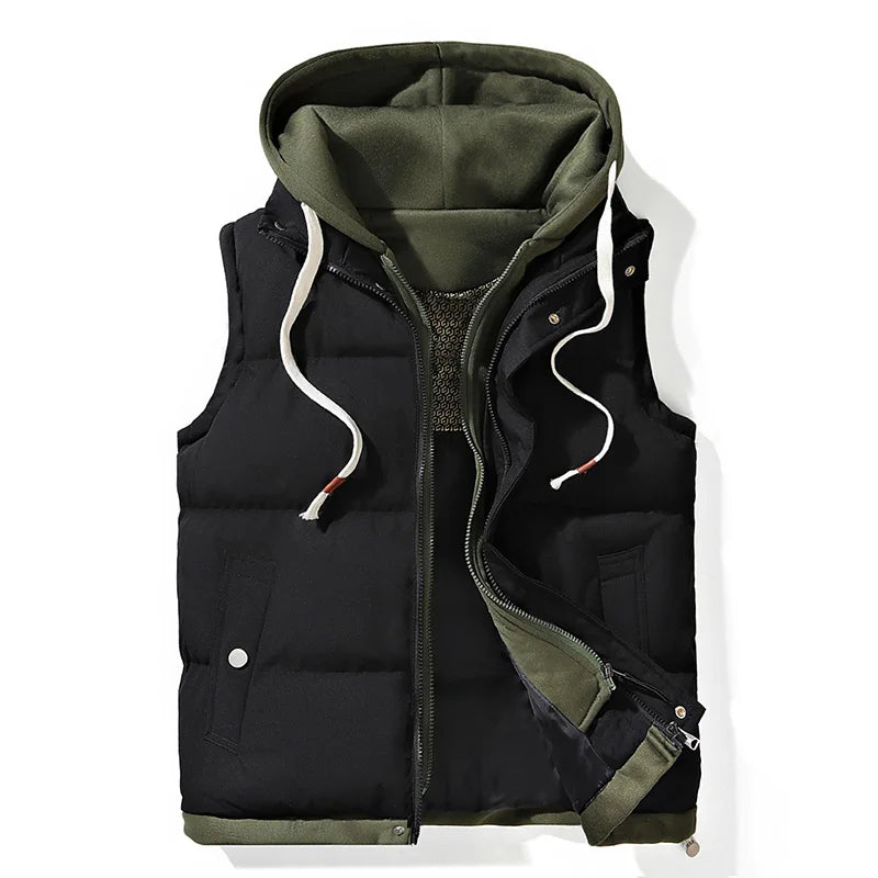 Men's Puffer Vest Sleeveless with Hood and Zip Closure