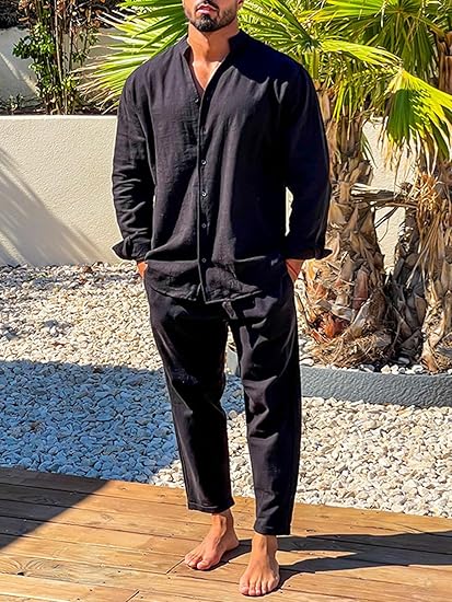 Men's Relaxed Fit Clothing Set with Long Sleeve Mandarin Collar Shirt and Trousers