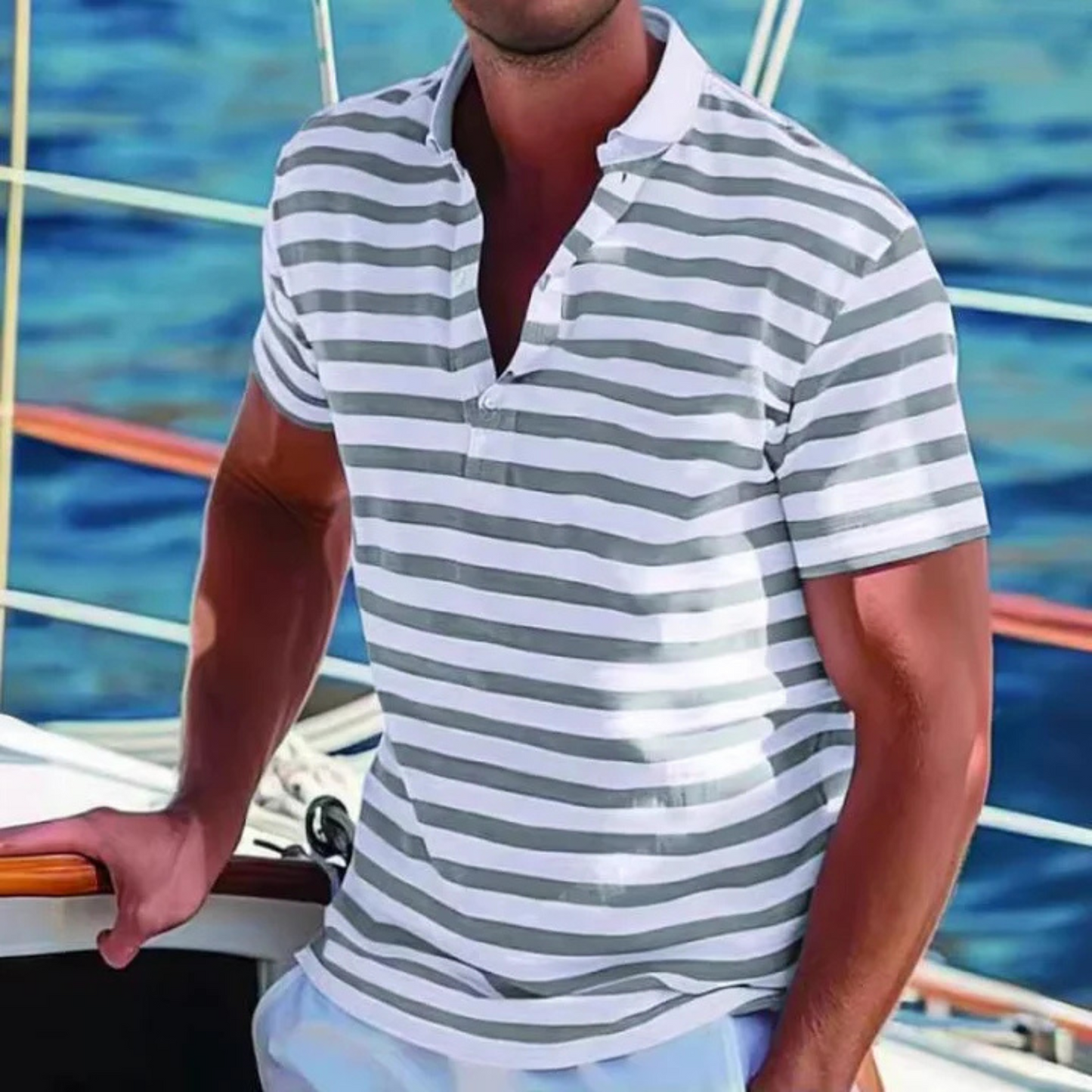 Men's Retro Striped Polo Shirt with Button Collar