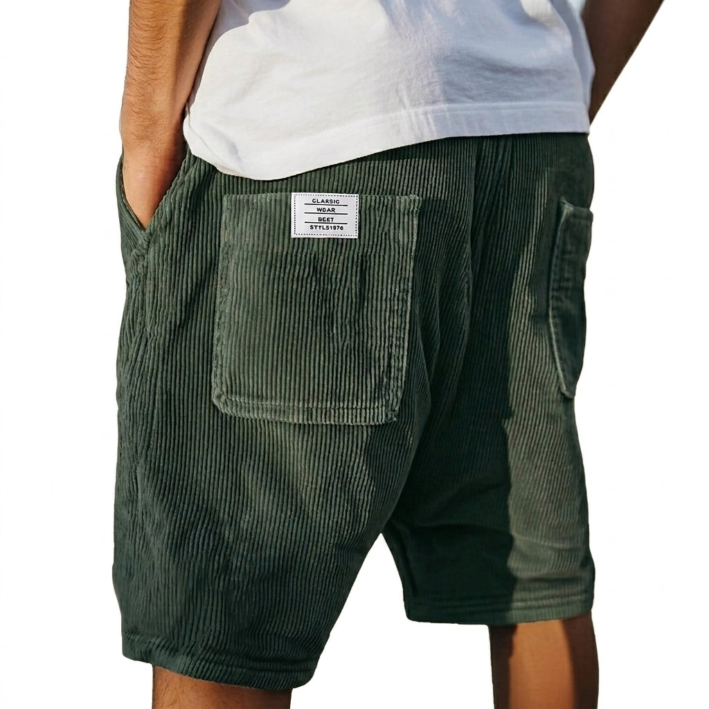 Men's Ribbed Shorts with Patch Pockets and Elastic Waist