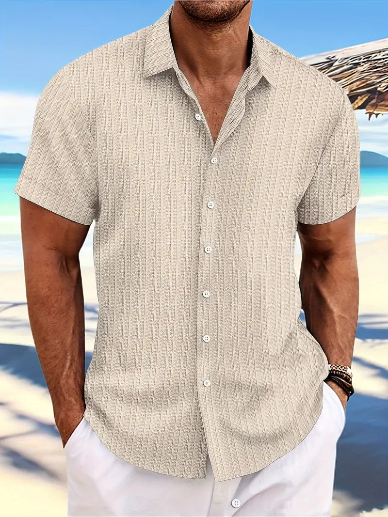 Men's Short Sleeve Button-Down Shirt with Notched Collar and Vertical Texture