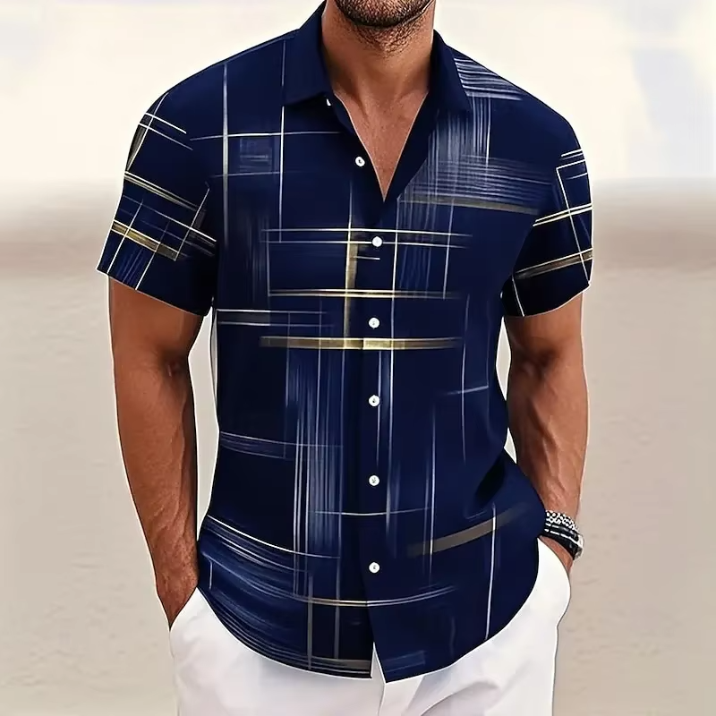 Men's Short Sleeve Button Shirt with Geometric Plaid Print