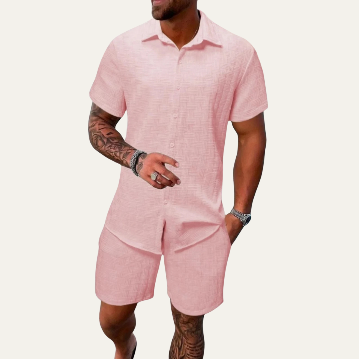 Men's Short Sleeve Button-Up Shirt and Shorts Set with Textured Pattern