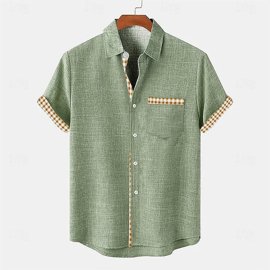 Men's Short Sleeve Button-Up Shirt with Gingham Contrast Trim and Chest Pocket