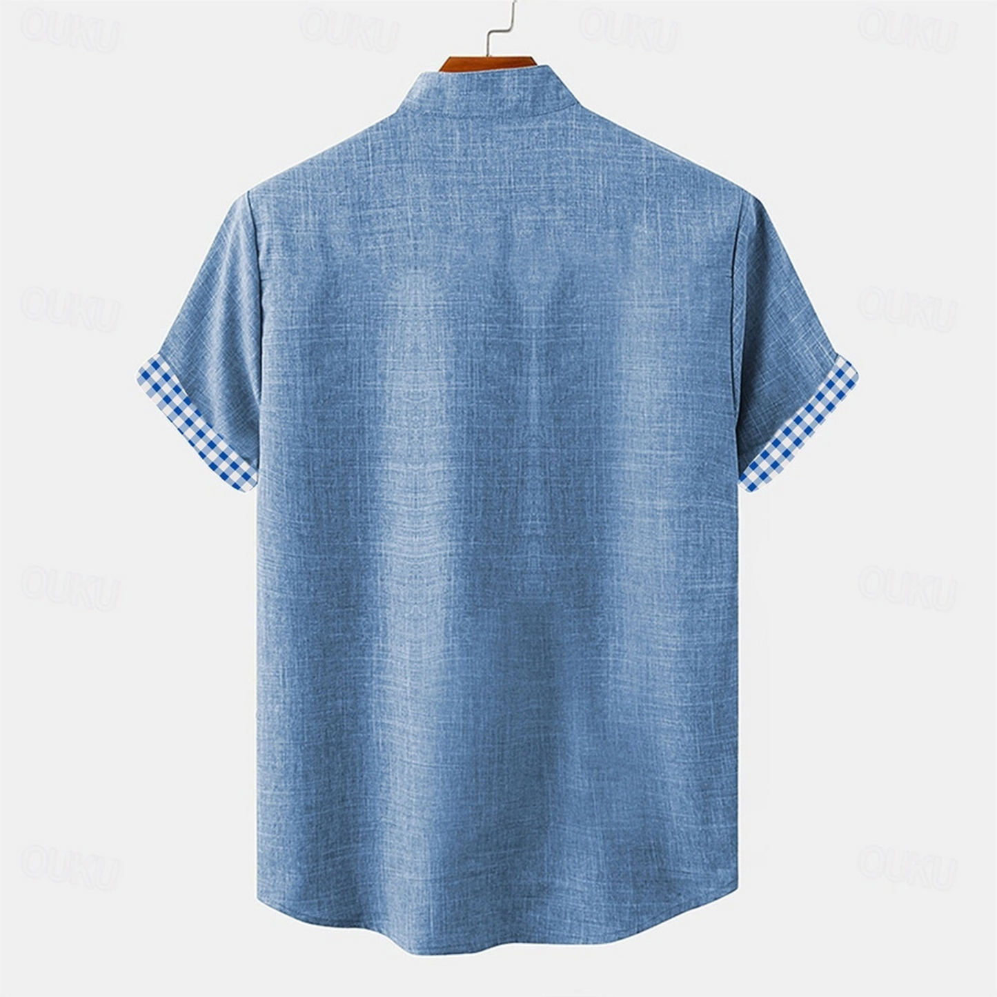 Men's Short Sleeve Button-Up Shirt with Gingham Contrast Trim and Chest Pocket