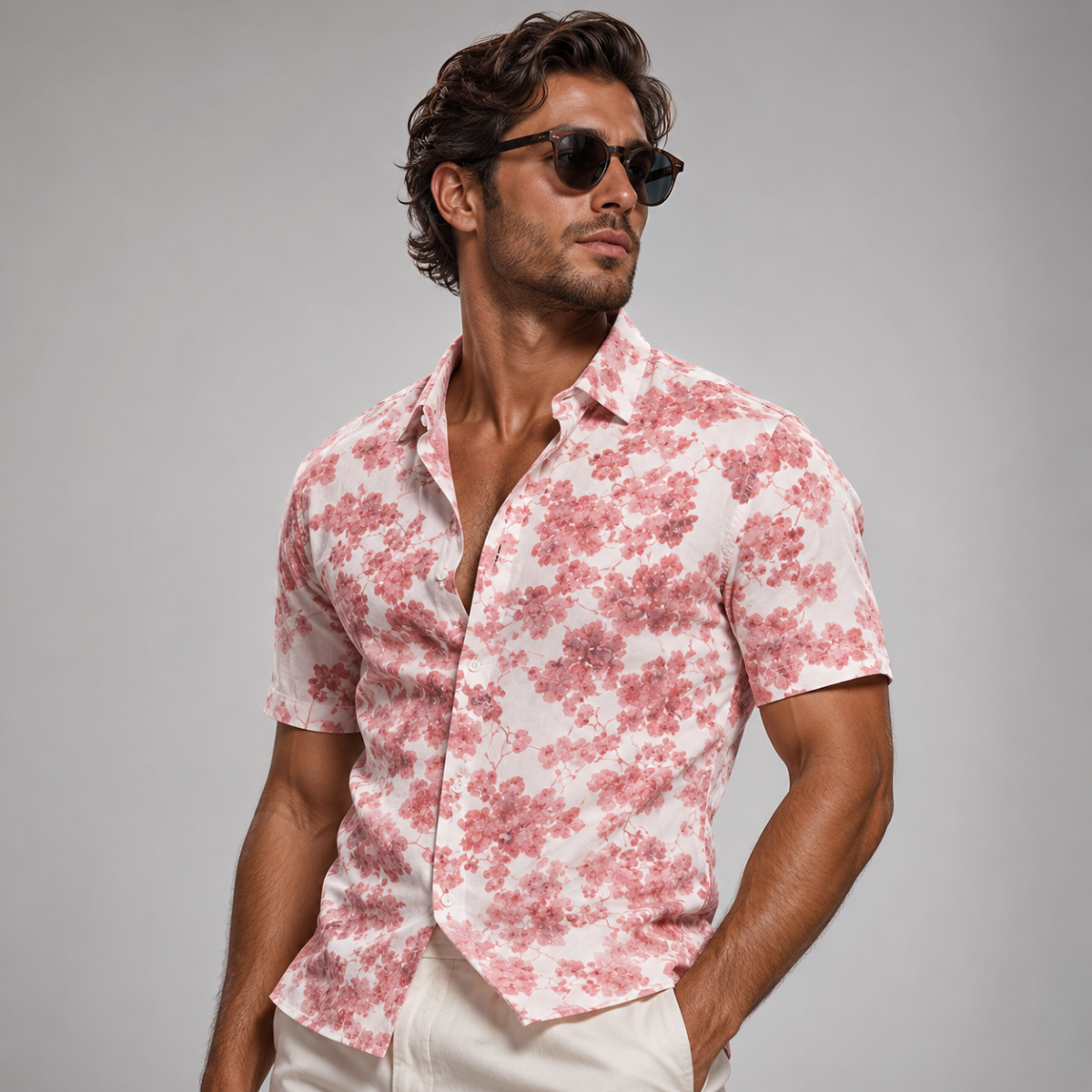 Men's Short Sleeve Hawaiian Shirt with Floral and Tropical Print