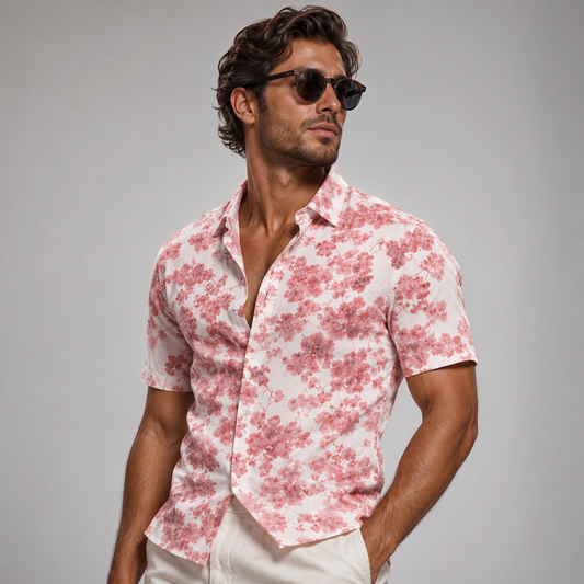 Men's Short Sleeve Hawaiian Shirt with Floral and Tropical Print